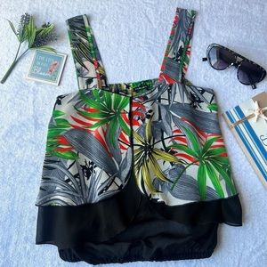 Women’s Tropical Print Floral Crop Top  Layered Front Bar Straps